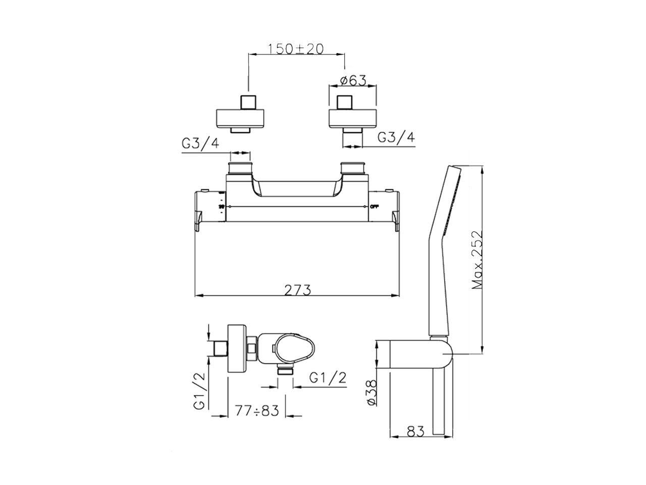 Miscelatore termostatico doccia completo H3_H3D01015 - v1